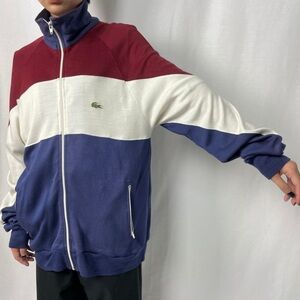 Vintage Lacoste Men's Tricolor Sweater - maroon, White, navy color block Large